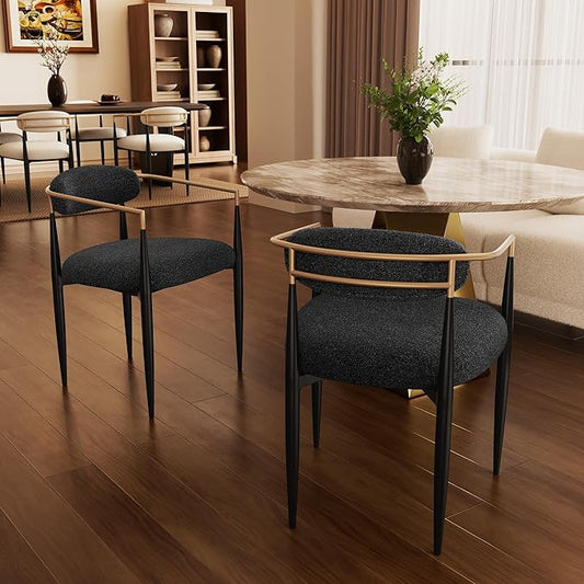 Morden Fort Black Modern Dining Chairs Set of 2, Boucle Upholstered Accent Dining Chairs with Gold Armrest and Curved Backrest for Kitchen, Living Room and Lounge