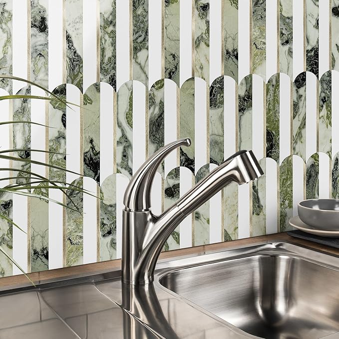 Vamos Tile Peel and Stick Backsplash Seamless Tile,10-Sheets Stick on Backsplash for Kitchen and Bathroom, Pure White+Ice Green Marble+Light Gold PVC Self Adhesive Mosaic Tiles