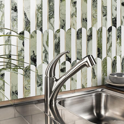 Vamos Tile Peel and Stick Backsplash Seamless Tile,10-Sheets Stick on Backsplash for Kitchen and Bathroom, Pure White+Ice Green Marble+Light Gold PVC Self Adhesive Mosaic Tiles