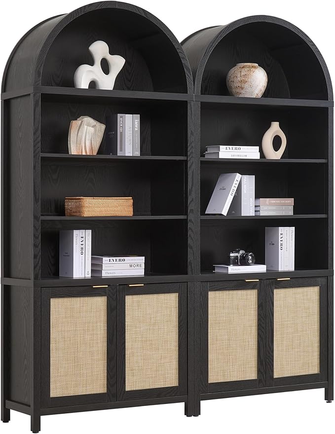 SICOTAS Book Shelf Arched Cabinet Bookshelf Arch 84.2" Tall Bookcase 5 Tier Large Bookshelves with Doors Storage Rattan Boho Wide Book Shelves Case for Living Room Kitchen Office Bedroom Library
