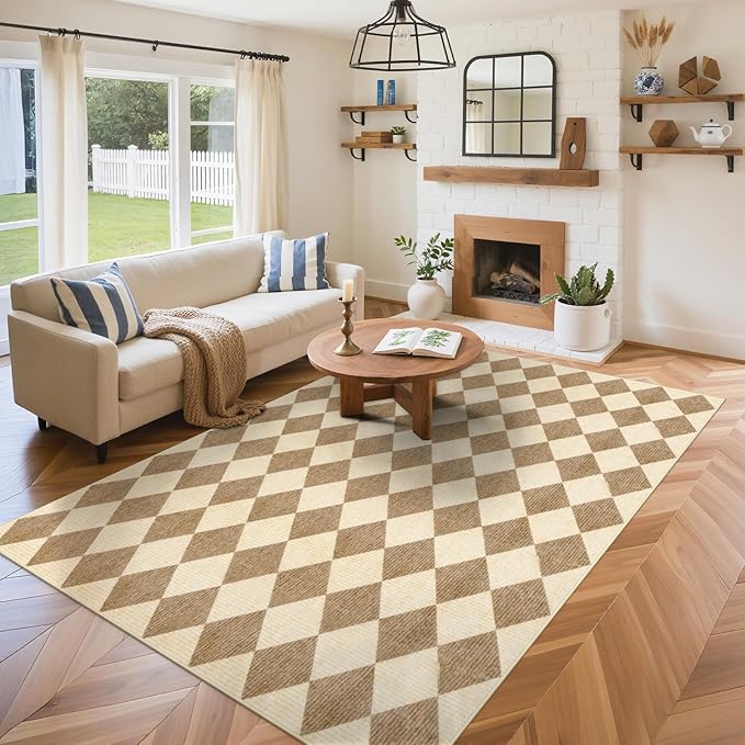 LIVEBOX 5x7 Checkered Rugs for Living Room, Washable Diamond Rug Non-Slip Modern Neutral Geometric Plaid Area Rugs for Bedroom Boys, Low Pile Farmhouse Carpet for Dinning Room Classroom, Brown