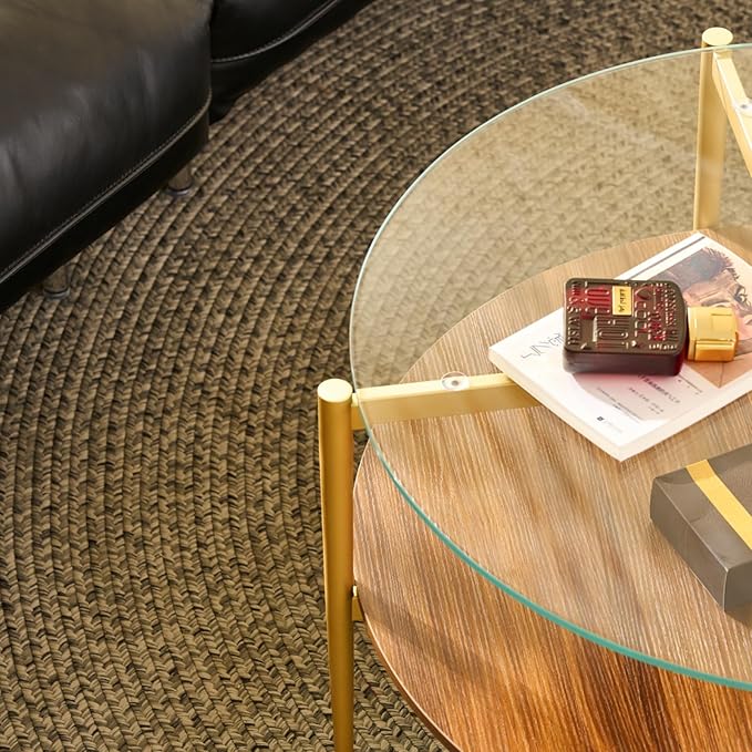 Saint Mossi BLEVIO Glass Round Coffee Table, Middle-Century Modern Style, Perfect for Living Room, Clear Glass Top & Walnut Brown MDF Wood Top, with Gold Finish Legs & Frame