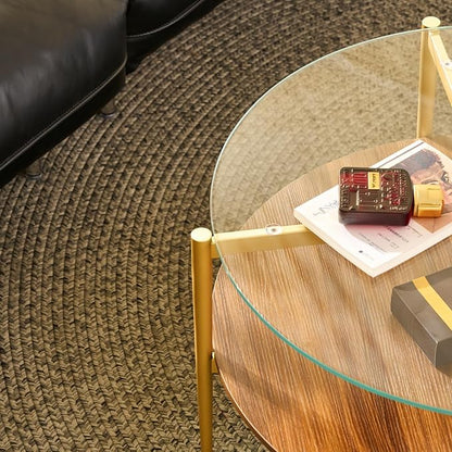 Saint Mossi BLEVIO Glass Round Coffee Table, Middle-Century Modern Style, Perfect for Living Room, Clear Glass Top & Walnut Brown MDF Wood Top, with Gold Finish Legs & Frame