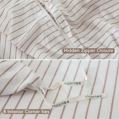 MooMee Striped Duvet Cover Set 100% Washed Cotton Linen Like Textured Breathable Durable Soft Comfy (White Orange Wide Stripes, Cal King 104"x98")
