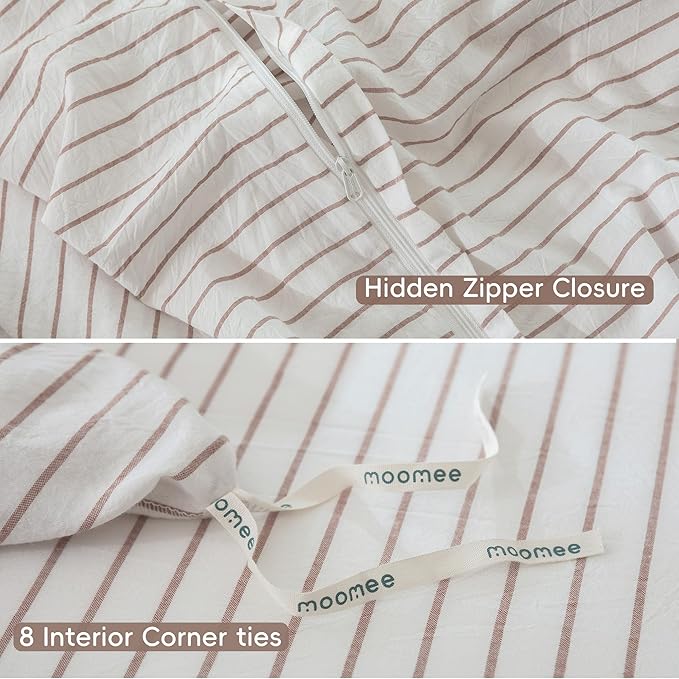 MooMee Striped Duvet Cover Set 100% Washed Cotton Linen Like Textured Breathable Durable Soft Comfy (White Orange Wide Stripes, Super King 108"x98")