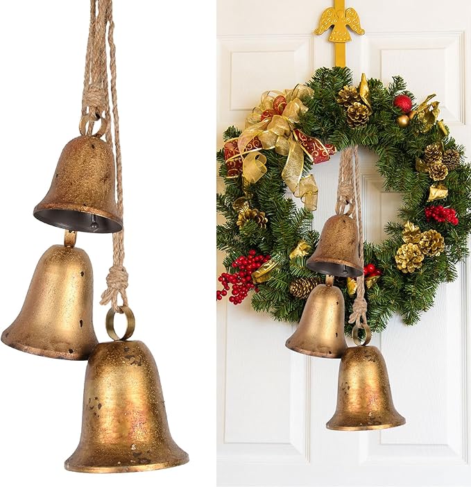 Styleonme Decorative Bells, Classic Bell-Shaped Bell, Vintage Handmade and Rustic Lucky Christmas Bells Hanging on a Rope, Gifts for Mom, Grandma, and Women