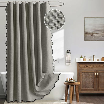 MIULEE 84" Long Scalloped Shower Curtain Linen Textured with 12 Metal Hooks Cute Extra Long Heavy Duty Washable Waterproof Cloth Shower Curtains with Black Border for Bathroom Hotel Bathtub,Grey