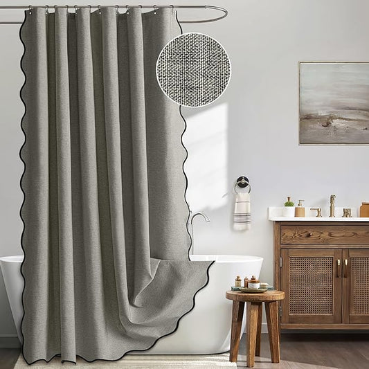 MIULEE 84" Long Scalloped Shower Curtain Linen Textured with 12 Metal Hooks Cute Extra Long Heavy Duty Washable Waterproof Cloth Shower Curtains with Black Border for Bathroom Hotel Bathtub,Grey