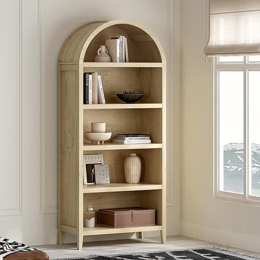 71" Tall Arched Bookcase, 5 Tier Bookshelf with Adjustable Shelves Wood Storage Cabinet Freestanding Display Kitchen Pantry for Living Room Home Office, Light Oak