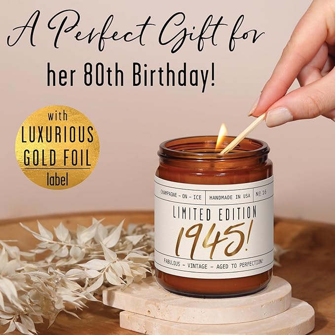 80th Birthday Gifts for Women - 'Limited Edition 1945' Soy, w/Champagne on Ice I 1945 Birthday Gifts for Women I 80 Birthday Gifts for Women I 16oz Reusable Jar, 50Hr Burn, Made in USA