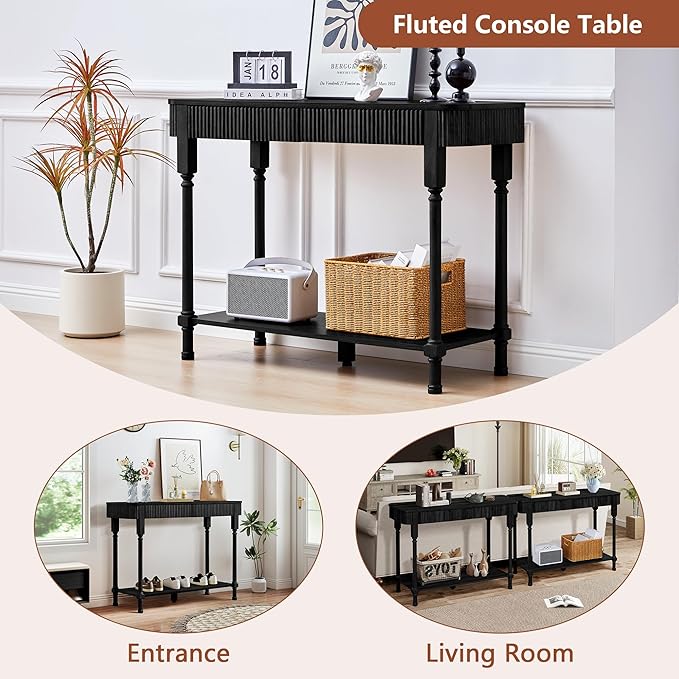 43.3'' Fluted Console Table for Entryway, Narrow Entryway Tables with 2 Wooden Drawers, Retro Sofa Table Behind Couch Accent Tables for Foyer, Living Room, Hallway (Black)