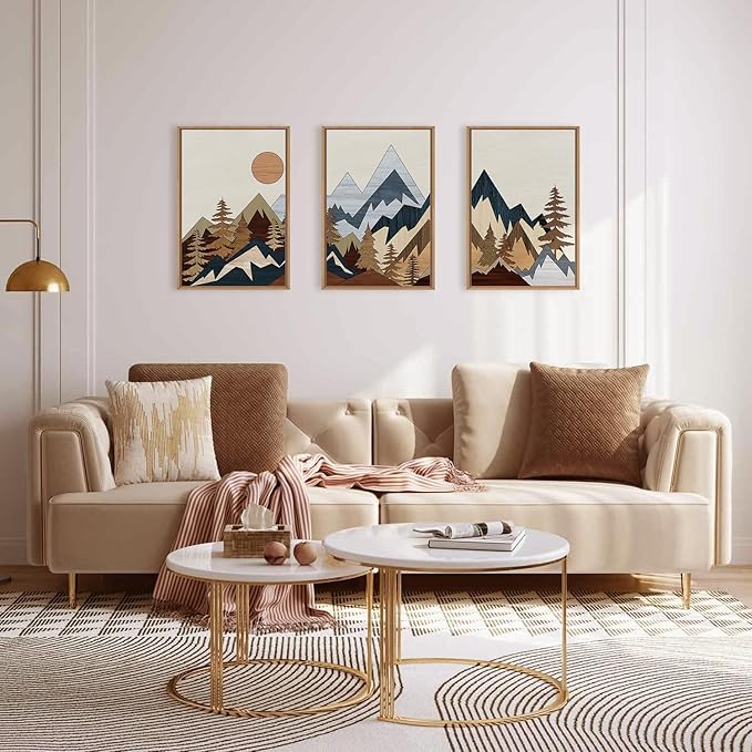 HOURIA Mid Century Mountain Woodland Framed Wall Art Set,Boho Sunrise Pine Tree Wall Decor,Wilderness Nature Forest Artwork,Modern Woodcut Field Art Print for Living Room,Bedroom,Office- 16"x24"x3