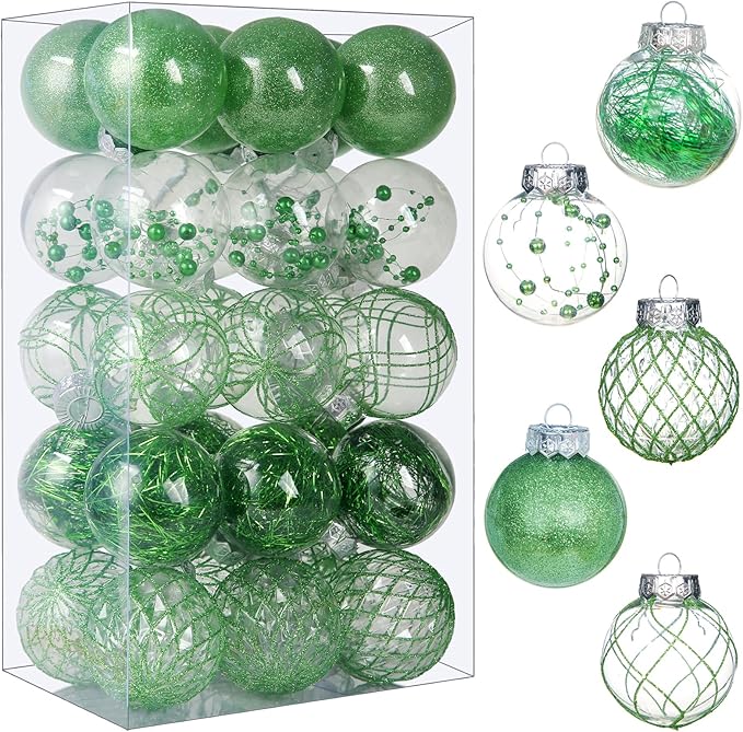 Clear Christmas Ball Ornaments, 30ct Shatterproof Xmas Ball Decorations 2.36 Inch Green Christmas Decorations for Xmas Tree Hanging Decorative Pet Baubles Set for Christmas Party