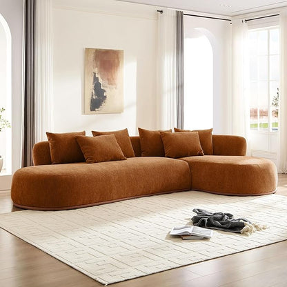 WILLIAMSPACE 134.63" Oversize Curved Sofa Cloud Couch with Round Chaise, Modern Upholstered Curved Sectional Sofa Couch with 6 Pillows for Living Room, No Assembly (Right-Facing,Orange)