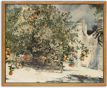 KBKBART Framed Farmhouse Wall Art, Orange Tree Vintage Watercolor Oil Painting, Rustic Kitchen Sign Canvas Wall Art for Dining Room, Bedroom, Living Room, Gallery, Vintage Pictures Wall Decor (8"x10")