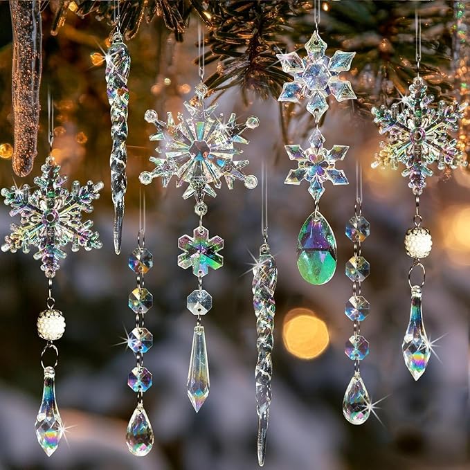 Christmas Tree Decorations Crystal Ornaments - 18pcs Iridescent Christmas Ornaments Acrylic Snowflakes Icicle Drop Crystal Hanging Ornaments for Xmas Tree Winter Holiday Frozen Party Decorations