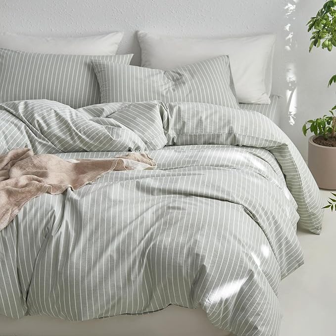 MooMee Striped Duvet Cover Set 100% Washed Cotton Linen Like Textured Breathable Durable Soft Comfy (Sage Green White Wide Stripes, Palatial King/Oversized King 120"x98")