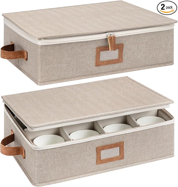 StorageWorks China Storage Container, Stackable Mug Storage Box with Dividers, Stemware Storage Cases, Hard Shell China Cup Organizer, Holds 12 Tea Cups and Coffee Mug, 2 Pack, Brown and Beige