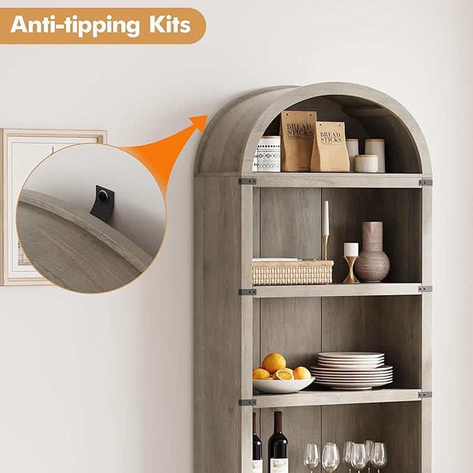 GarveeHome Bookcase 5 Shelf Arched Bookshelf 71.65 in Tall Bookcase Farmhouse Display Storage Rack Wooden Bookshelves for Home Office, Living Room (Rustic Gray)