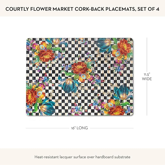 MACKENZIE-CHILDS Set of 4 Cork-Back Placemats, Hard-Finish Table Mats, Courtly Flower Market