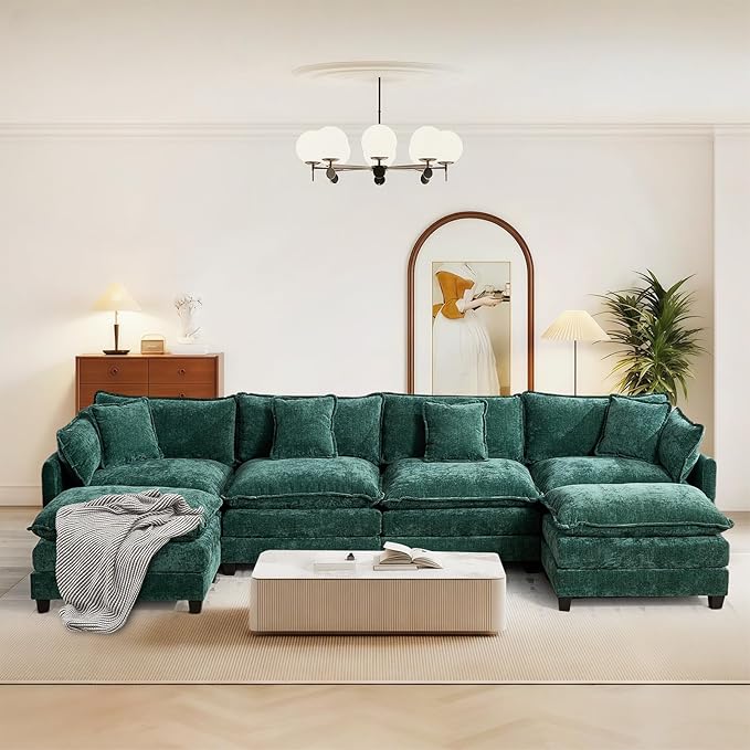 SoarFlash 143.2" Chenille Sectional Sofa, Comfy U Shaped Modular Coush Sofa with Ottoman, Modern 4 Seat Couch Deep Seat Sofa Set for Living Room,Green
