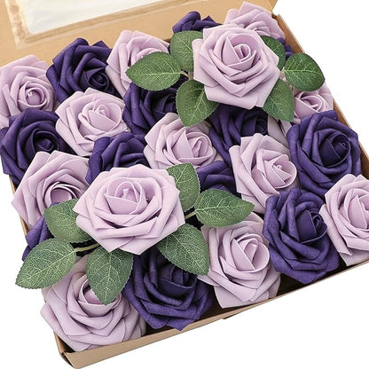Floroom Artificial Flowers 25pcs Real Looking Lilac & Purple Foam Fake Roses with Stems for DIY Wedding Bouquets Bridal Shower Centerpieces Floral Arrangements Party Tables Home Decorations