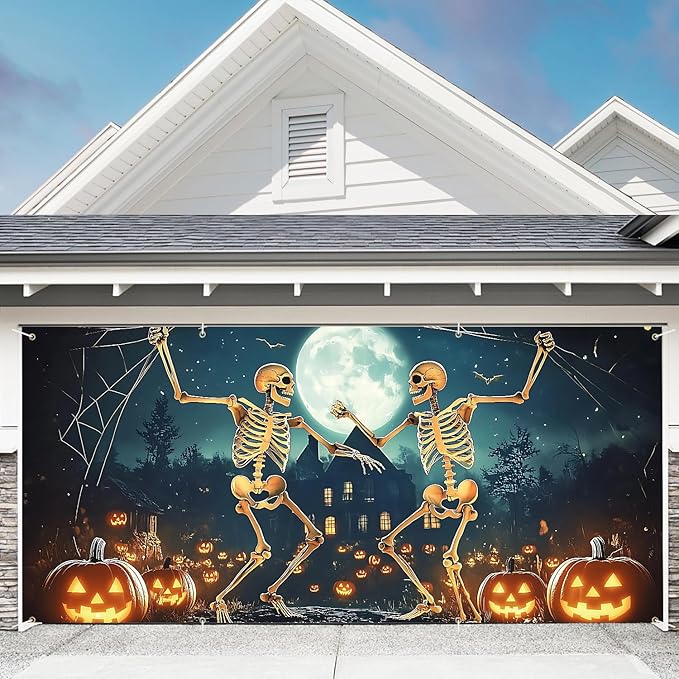 6 x 13 ft Halloween Garage Door Decorations Halloween decorations Witch Door Cover, Hanging Banner, Cauldron Backdrop Mural for Home, Outdoor, Indoor, Spooky Party, Wall, Window (Skull-1)