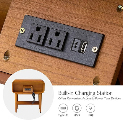 HULALA HOME Nightstand Set of 2 with Pull-Out Shelf, Mid Century Modern End Table with Storage Drawer, Charging Station, Solid Wood Legs, Acorn