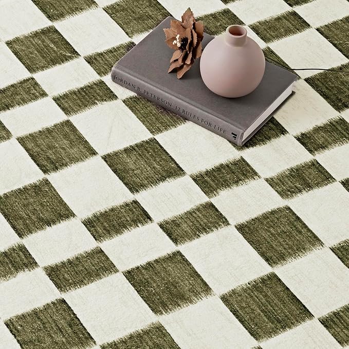 EVERGRACE Checkered Plaid Area Rug 9x12, Soft Faux Wool Rugs Washable Anti Slip Rugs Large Rug Carpet for Entryway Bedroom Living Room Hallway Kitchen Dining Room and Laundry Room, Olive Green