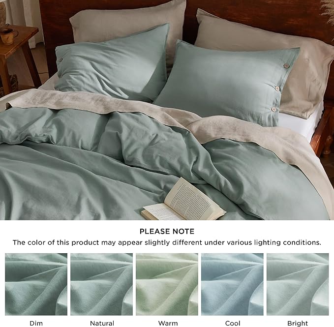 Bedsure Linen Duvet Cover Queen - Linen Cotton Blend Bedding Set, Soft & Cozy, 3 Pieces, 1 Duvet Cover 90x90 Inches and 2 Pillowcases, Sage Green Color Cooling Bedding, Comforter Sold Separately