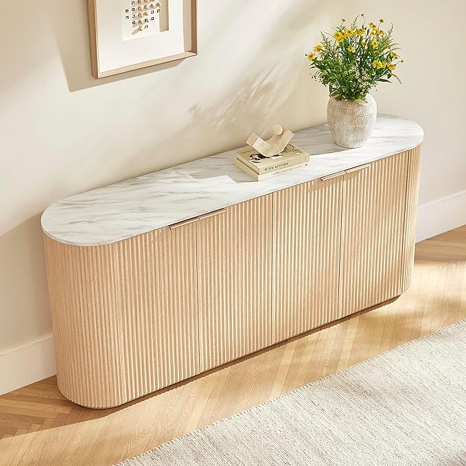 CHITA 70" Sideboard Buffet Cabinet with Storage, Living Room Accent Cabinet with Doors and Adjustable Shelves, for Bar, Kitchen, Oak - Faux Marble