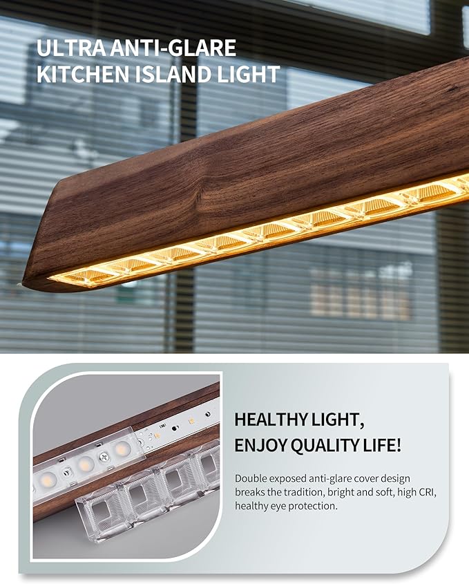 59" Wood Linear Pendant Light, Dimmable Kitchen Island Lighting with Remote, 30W LED Island Lights for Kitchen, Adjustable Linear Chandelier for Dinning Room Light Fixture, Bar, Pool Table Light