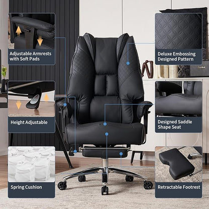 Big and Tall Office Chair 400lbs Wide Seat, Leather High Back Executive Office Chair with Foot Rest, Ergonomic Chairs Lumbar Support for Lower Back Pain Relief (Black)