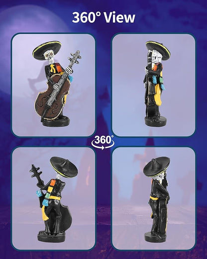 Day of The Dead Mariachi Skeleton Figurines 4.3'' – Set of 2 Hand-Painted Resin Día de Los Muertos Decorations – Mexican Folk Art Halloween Decor for Home, Altar, Table Centerpiece (Mariachi)