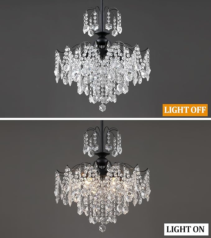 Q&S Crystal Chandelier for Dining Room,Modern Black Crystal Pendant Light,6 Lights for Kitchen Island Entryway Bathroom Office Bar UL Listed