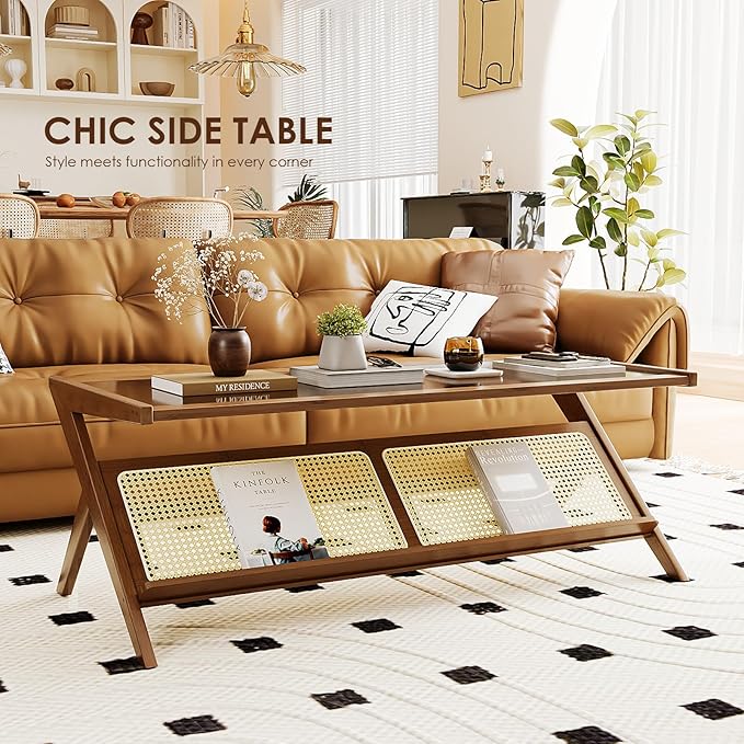Bamworld Mid-Century Modern Coffee Table with Glass Top Rattan Center Table with Storage for Living Room Table Brown