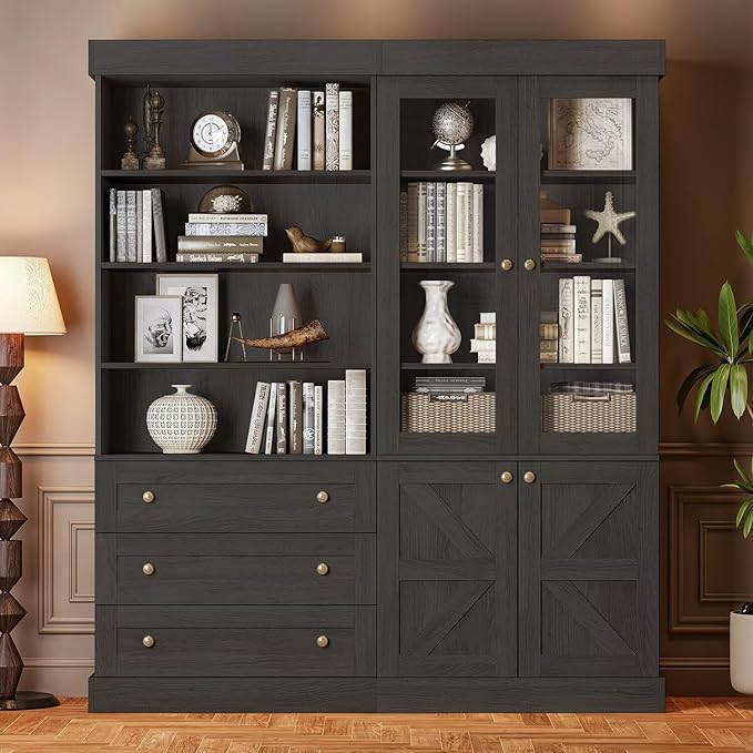 Vyre 71" Tall Farmhouse Bookshelves with Glass Doors and Drawers, Set of 3 – Large Modular Bookcase with Adjustable Shelves, Storage Cabinet for Living Room, Kitchen, Black