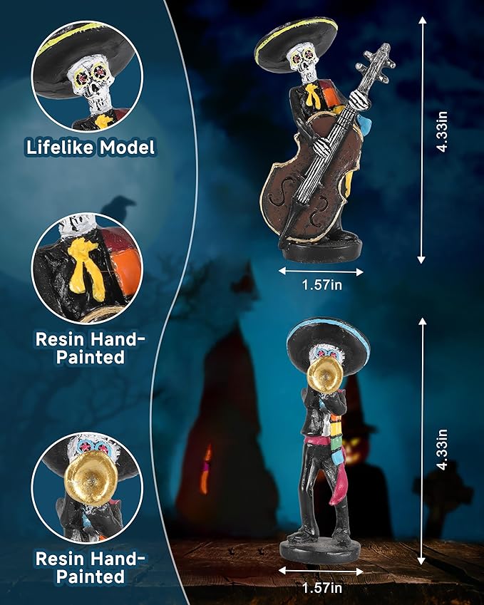Day of The Dead Mariachi Skeleton Figurines 4.3'' – Set of 2 Hand-Painted Resin Día de Los Muertos Decorations – Mexican Folk Art Halloween Decor for Home, Altar, Table Centerpiece (Mariachi)