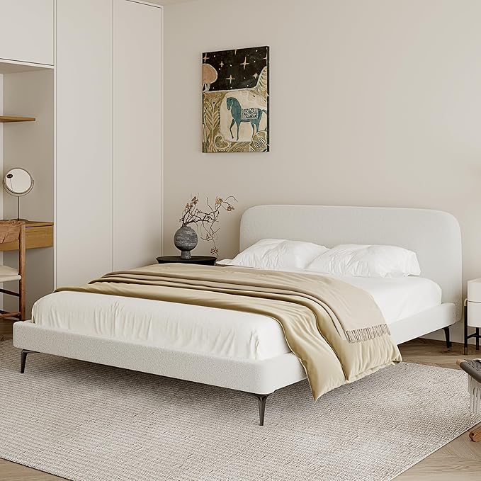 Acanva Modern Minimalist Upholstered Platform Bed Frame with Headboard, Mattress Foundation Base with Metal Slats Support, No Box Spring Needed, Non-Slip, White, Queen Size