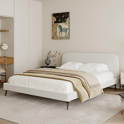 Acanva Modern Minimalist Upholstered Platform Bed Frame with Headboard, Mattress Foundation Base with Metal Slats Support, No Box Spring Needed, Non-Slip, White, Queen Size