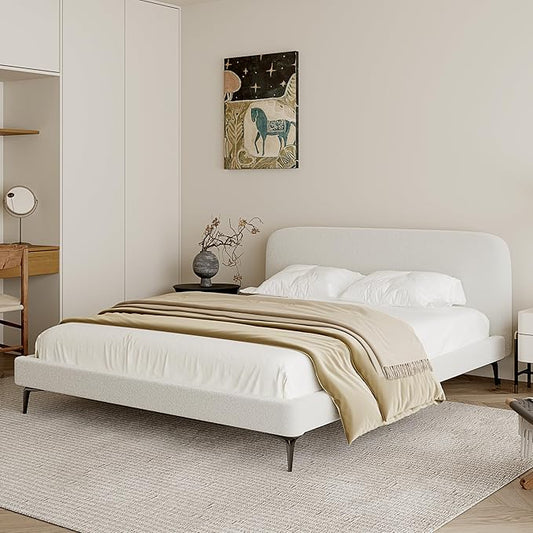 Acanva Modern Minimalist Upholstered Platform Bed Frame with Headboard, Mattress Foundation Base with Metal Slats Support, No Box Spring Needed, Non-Slip, White, Full Size