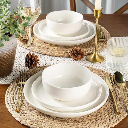 LERATIO Ceramic Dinnerware Sets for 6,Plates and Bowls Sets,Handmade Reactive Glaze Dishes Set,Chip Resistant and Scratch Resistant | Oven&Dishwasher & Microwave Safe- White &Wave(18PCS)
