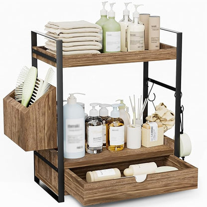 2-Tier Bathroom Counter Organizer with Drawer and Basket, Wood Countertop Organizer for Storage, Skincare Organizers for Vanity, Counter Shelf for Bathroom Organization(Dark Brown)