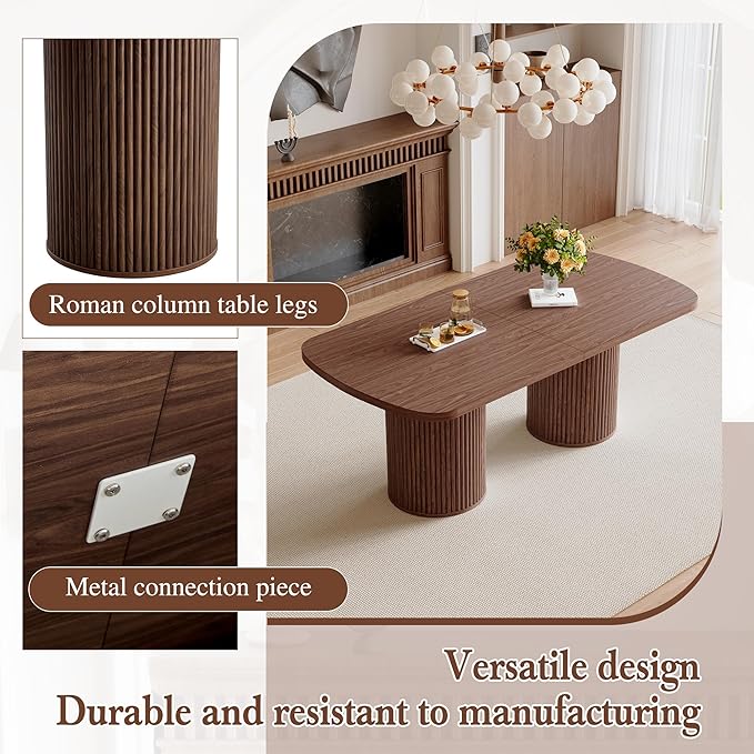 78.7" Extra Long Dining Table for 6-10 People, Farmhouse Kitchen Table with Cylindrical Fluted Bases, Rectangular Dining Table for Dining Room, Kitchen, Living Room, Walnut