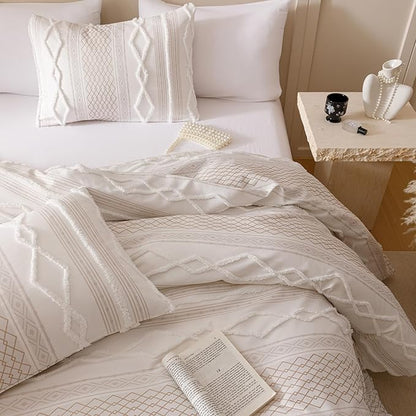 CLOTHKNOW White Farmhouse Twin/Twin XL Comforter Set 3Pcs Chenille Tufted Bedding Comforter Sets Clipped Jacquard Stripes Boho Comforter with Farmhouse Bedding Flare
