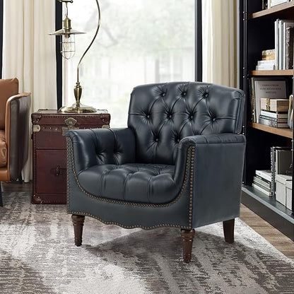HULALA HOME Mid Century Modern Leather Club Chairs Set of 2, Top-Grain Genuine Leather Armchairs with Button-Tufted Back & Solid Wood Legs, Accent Chairs for Living Room/Bedroom/Home Office, Navy