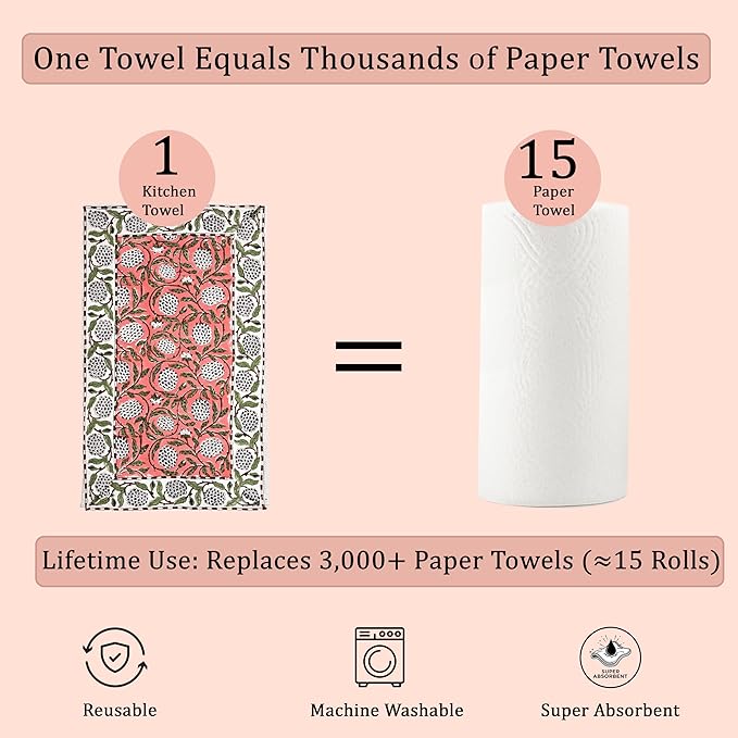 Ridhi Dark Salmon Pink Hand Block Print Waffle Kitchen Towel Set of 3-16 x28 Ultra Absorbent Quick Dry 100% Cotton Dish Towels Lightweight Reusable Sustainable Tea Towels for Cleaning and Drying