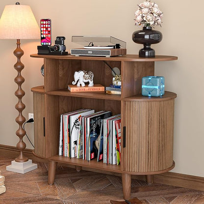 Large Round Record Player Stand with Charging Station & USB Ports，Record Storage Cabinet, Mid Century Modern Turntable Stand Console for Bedroom Living Room (Small Brown)