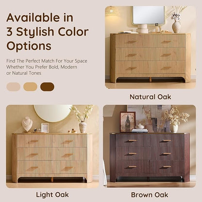 Fluted 6 Drawer Dresser for Bedroom with Curved Profile Design,53.9" W Chest of Drawers with Reeded Texture,Wide Storage Cabinet with Smooth-Glide Drawers,gold metal handle or Living Room,Brown Oak