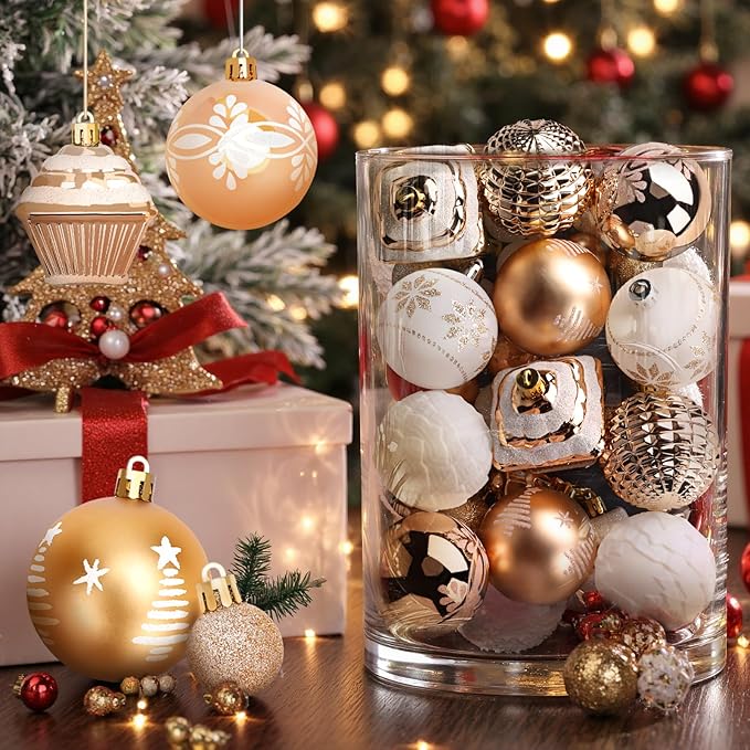 DeckTheHalls 42 Pcs Christmas Ornaments, Various Styles of Christmas Ball Ornaments, Shatterproof Christmas Balls for Holiday Xmas Tree Decor, Hanging Ornament for Indoor Decoration (Gold & White)